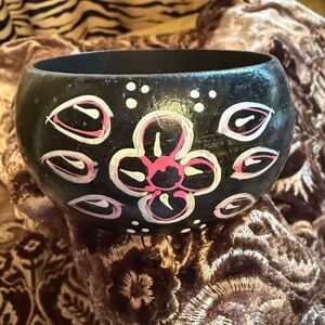 Hand-Painted Vintage Black Wooden Floral Motif Bangle Bracelet